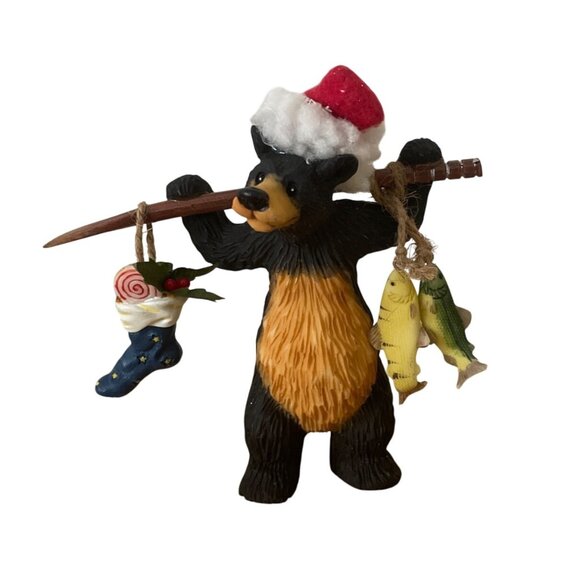 Vtg O’Well Bear Carrying Boat Oar Stocking Fish Christmas Hat Cabin Lodge Decor - Picture 1 of 10